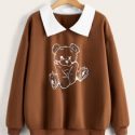 Cartoon Bear Graphic Contrast Collar Sweatshirt