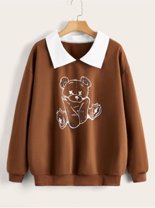 Cartoon Bear Graphic Contrast Collar Sweatshirt