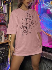 Cartoon Bear Graphic Oversized Tee