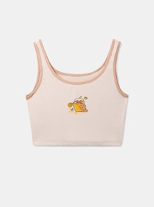 Cartoon Bear Graphic Ringer Ribbed Tank Top