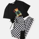 Cartoon Cat Graphic Tee & Plaid Pants