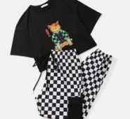 Cartoon Cat Graphic Tee & Plaid Pants