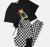 Cartoon Cat Graphic Tee & Plaid Pants