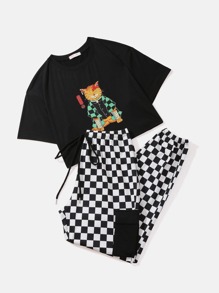 Cartoon Cat Graphic Tee & Plaid Pants