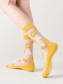 Cartoon Cat Print Crew Socks