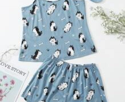 Cartoon Dog Print Pajama Set With Eyecover
