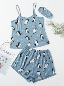 Cartoon Dog Print Pajama Set With Eyecover