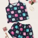 Cartoon Elephant Print Cami PJ Set & Eye Cover