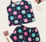 Cartoon Elephant Print Cami PJ Set & Eye Cover