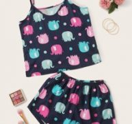Cartoon Elephant Print Cami PJ Set & Eye Cover