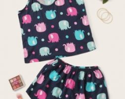 Cartoon Elephant Print Cami PJ Set & Eye Cover