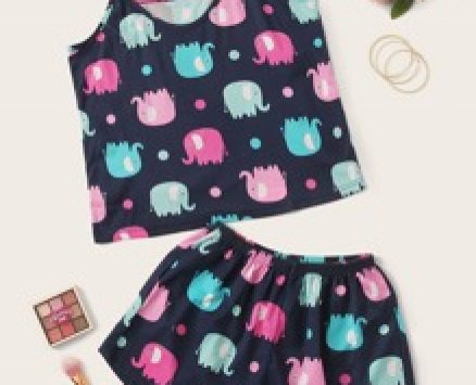 Cartoon Elephant Print Cami PJ Set & Eye Cover