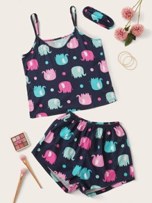 Cartoon Elephant Print Cami PJ Set & Eye Cover