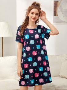 Cartoon Elephant Print Nigh Dress