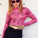 Cartoon Face Print Stand Neck Mesh Crop Top