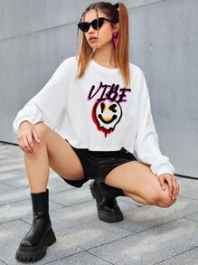 Cartoon Face & Letter Graphic Drop Shoulder Sweatshirt