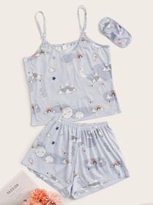 Cartoon Graphic Cami PJ Set & Eye Cover