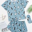 Cartoon Graphic Pajama Set With Eye Mask