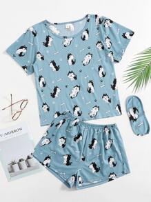 Cartoon Graphic Pajama Set With Eye Mask