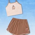 Cartoon Graphic Ringer Crop Cami & Dolphin Shorts