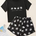 Cartoon Panda And Slogan Graphic Pajama Set