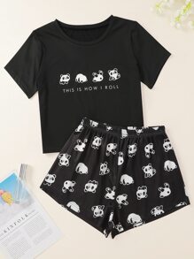 Cartoon Panda And Slogan Graphic Pajama Set