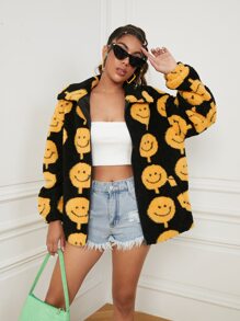 Cartoon Pattern Drop Shoulder Zipper Teddy Jacket