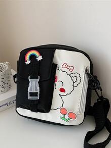 Cartoon Print Crossbody Bag With Cartoon Badge