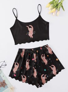 Cartoon Sloth Graphic Cami Pajama Set