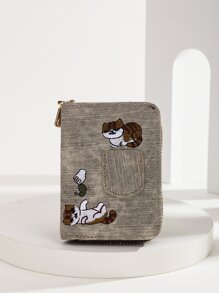 Cat Embroidery Zip Purse