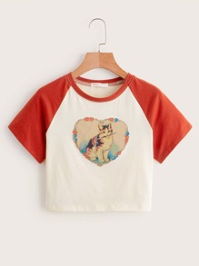 Cat Graphic Colorblock Baseball Tee