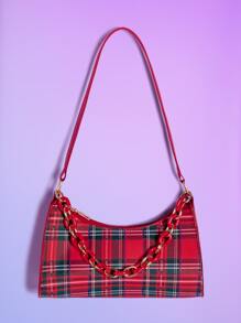 Chain Decor Tartan Pattern Shoulder Bag