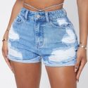 Chain Detail Ripped Roll Up Hem Denim Shorts