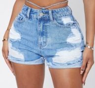 Chain Detail Ripped Roll Up Hem Denim Shorts