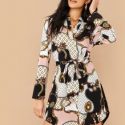 Chain Print Curved Hem Belted Dress