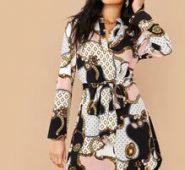 Chain Print Curved Hem Belted Dress