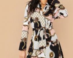 Chain Print Curved Hem Belted Dress