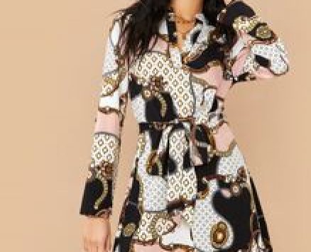 Chain Print Curved Hem Belted Dress