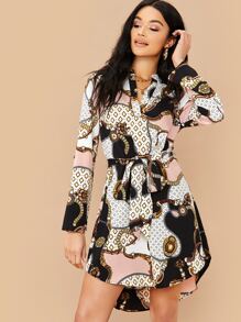 Chain Print Curved Hem Belted Dress