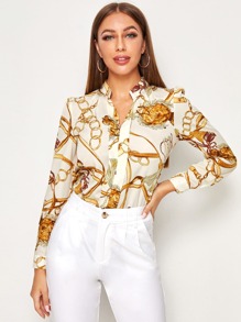 Chain Print Split Neck Shirt