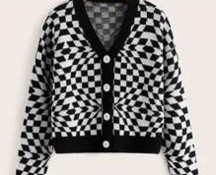 Checker Pattern Button Front Cardigan