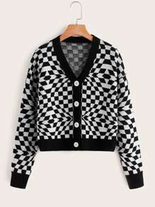 Checker Pattern Button Front Cardigan