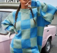 Checker Pattern Drop Shoulder Sweater