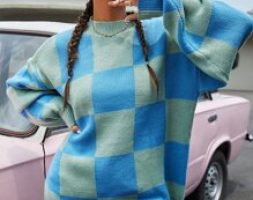 Checker Pattern Drop Shoulder Sweater