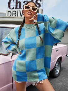 Checker Pattern Drop Shoulder Sweater