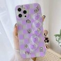 Checkered Pattern Phone Case With Heart Beaded Hand Strap