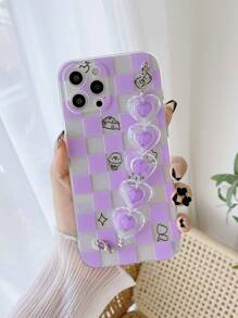 Checkered Pattern Phone Case With Heart Beaded Hand Strap