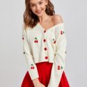 Cherry Embroidery Button Front Cardigan