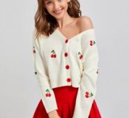 Cherry Embroidery Button Front Cardigan