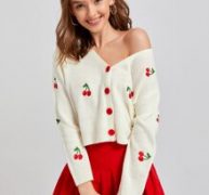 Cherry Embroidery Button Front Cardigan